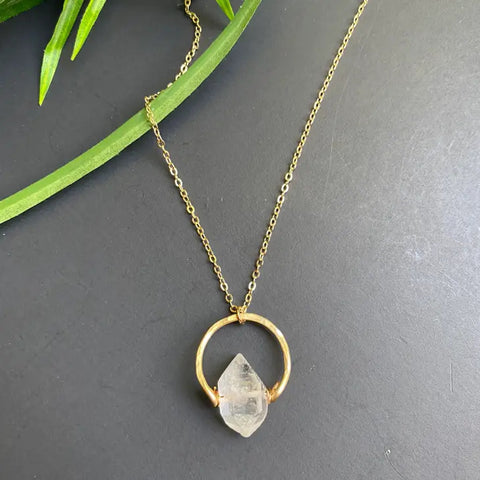 Crystal Quartz Gold Hammered Crescent Necklace