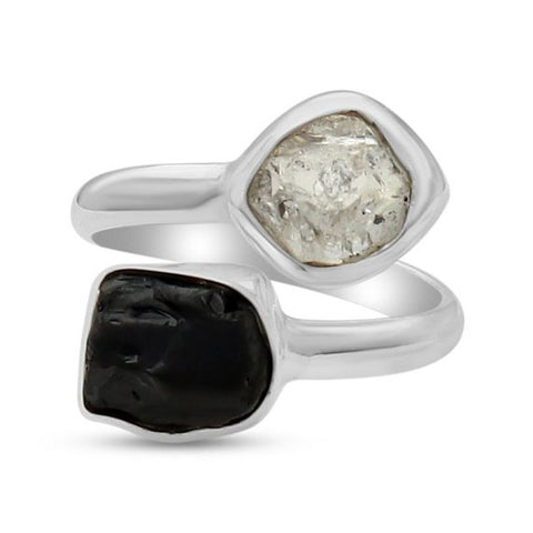 Black Tourmaline and Herkimer Diamond Twister Ring