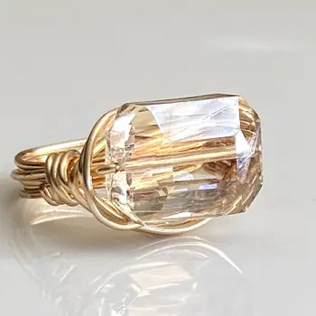 Gold Champagne Crystal Rectangle Wire Wrapped Ring