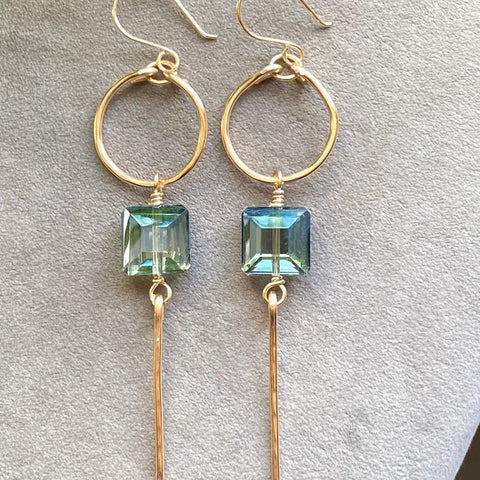 Gold Hoop and Bar Blue Crystal Earrings