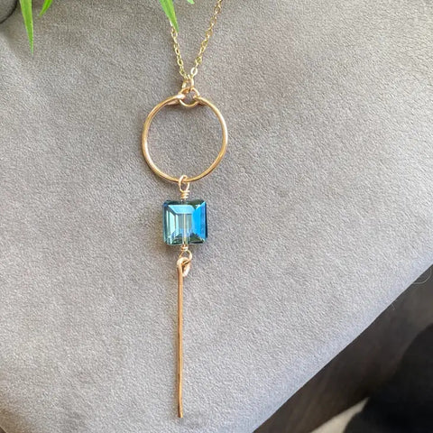 Gold Hoop and Bar Blue Crystal Necklace