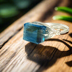 Blue Teal Rectangle Silver Wire Wrapped Ring