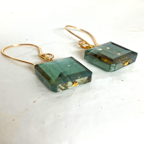 Olive Green Crystal Square Gold Wire Wrapped  Earrings