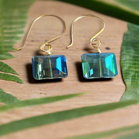 Blue Teal Square Silver Wired Earrings