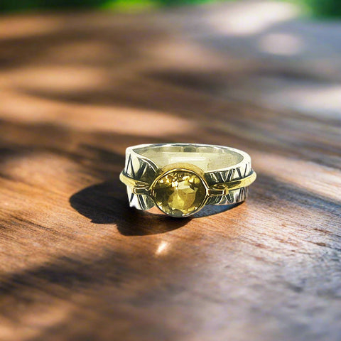 Citrine and Brass with Textured Band Ring