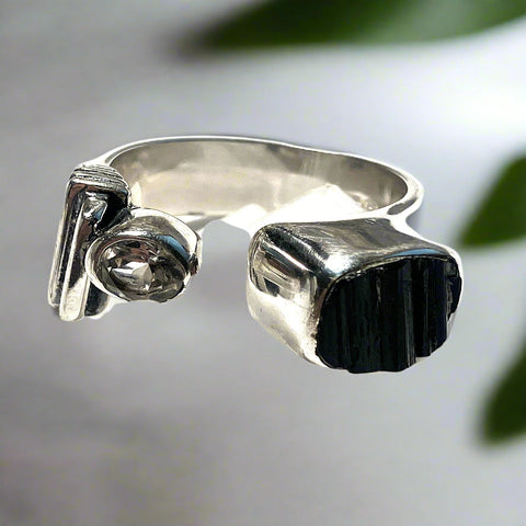 Black Tourmaline and Herkimer Diamond Open Style Ring