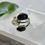Black Tourmaline and Crystal Three Stone Ring