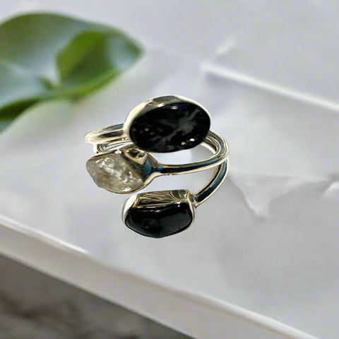 Black Tourmaline and Crystal Three Stone Ring