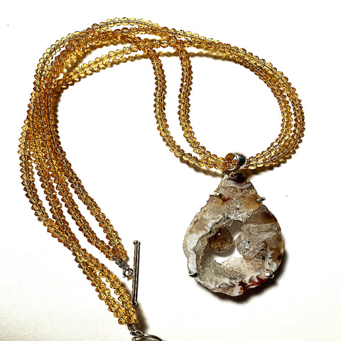 Golden Rutilated Quartz in Geode Druzy on Quartz Chain