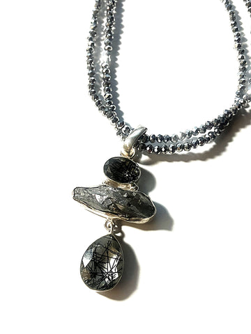 Black Rutilated Quartz and Hematite on Hemaite Chain