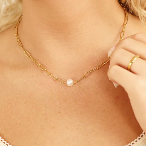 Paperclip Necklace with Pearl