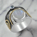 Moonstone (Rainbow) & Blue Topaz Band Ring