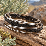 Leather Wrap and Silver Tube Bracelet