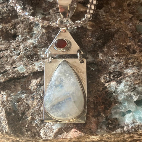 Rainbow Moonstone and Garnet Pendant Necklace