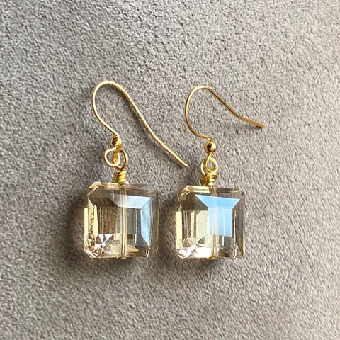 Champagne Crystal Square with Gold Wire Wrapped  Earrings