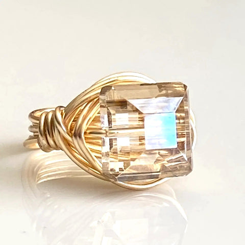 Champagne Crystal Square Gold Wire Wrapped Ring