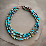 Triple Strand Blue Turquoise & Copper Collar Necklace