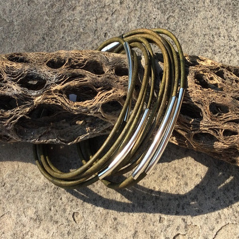 Metallic Moss Distressed Double Leather Wrap Bracelet