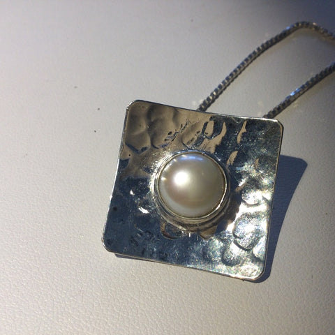 Hammered Sterling Silver Fresh Water Pearl Square Pendant