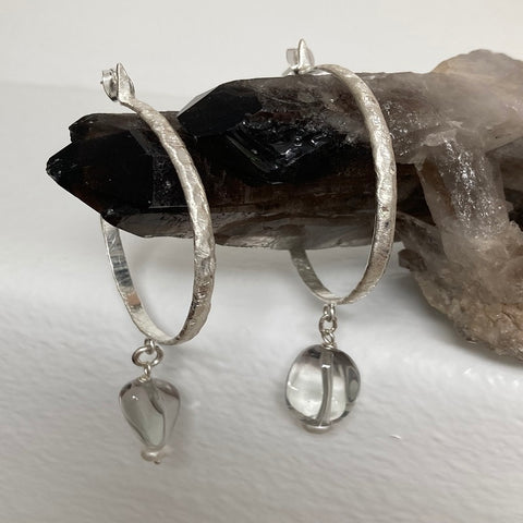 Brushed Silver Quartz and Fresh Water Pearl Hoop Earrings