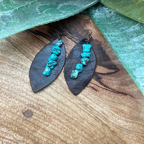 Dark Leather Oval with Turquoise Earrings